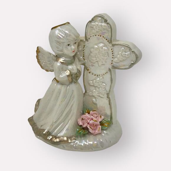 Vintage Other - Angel Roses & Cross Figurine Porcelain Iridescent